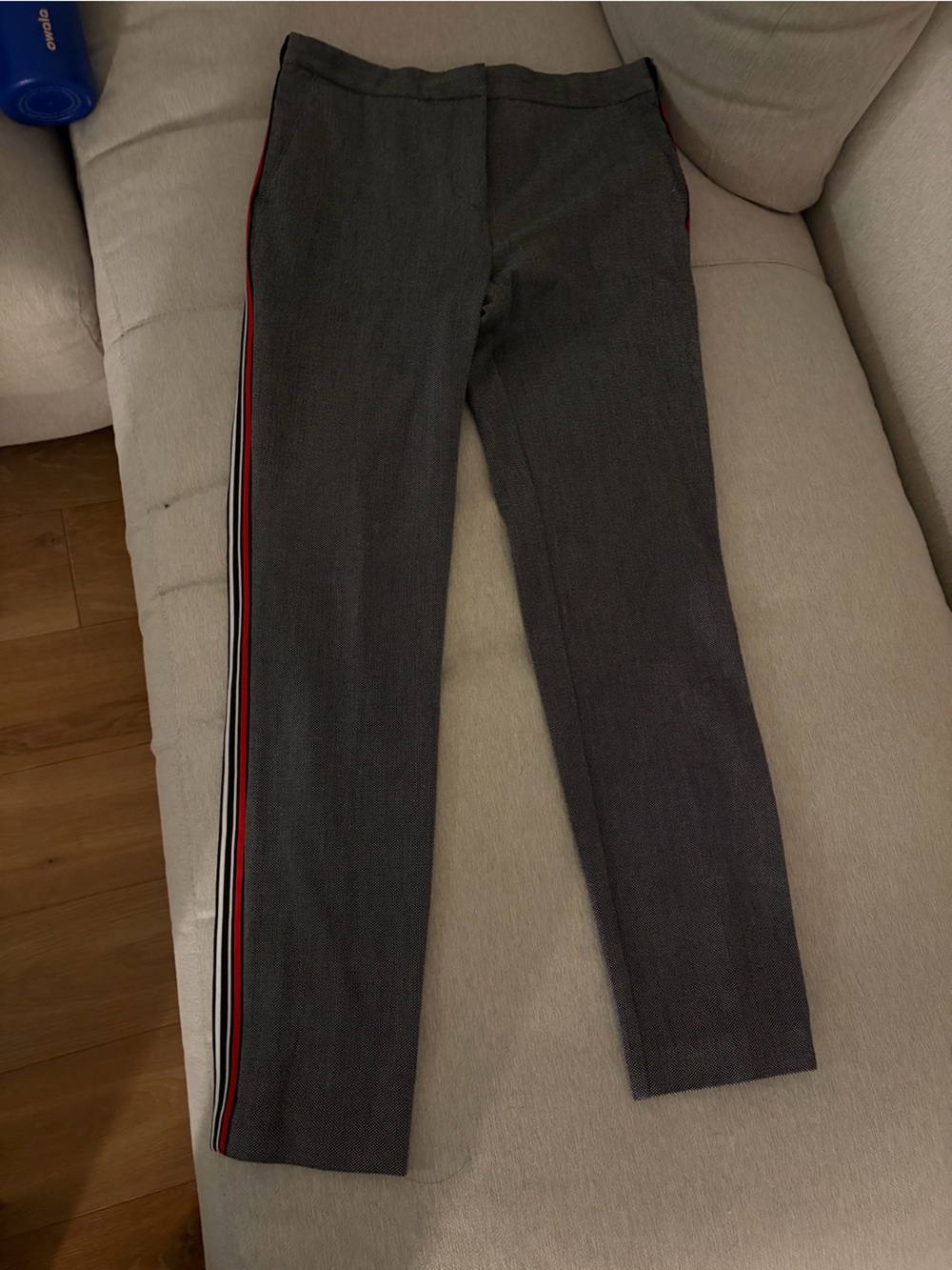 Zara Gray Straight-Leg Pants with Red and Black Side Stripe